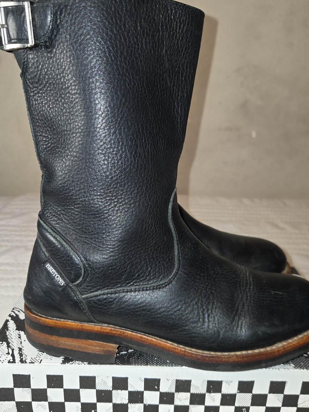 Bretons Black Leather Women's Engineer Boots with Brown Stacked Heel